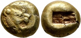 KINGS OF LYDIA. Alyattes II to Kroisos, circa 610-546 BC. Trite (Electrum, 11 mm, 4.76 g), Sardes. Head of a lion with sun and rays on its forehead to...