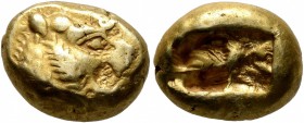 KINGS OF LYDIA. Alyattes II to Kroisos, circa 610-546 BC. Trite (Electrum, 12 mm, 4.67 g), Sardes. Head of a lion with sun and rays on its forehead to...