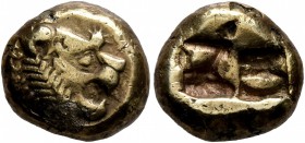 KINGS OF LYDIA. Alyattes II to Kroisos, circa 610-546 BC. Trite (Subaeratus, 12 mm, 3.51 g), Sardes. Head of a lion with sun and rays on its forehead ...