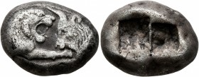 KINGS OF LYDIA. Kroisos, circa 560-546 BC. Double Siglos (Silver, 19 mm, 10.54 g), Sardes. Confronted foreparts of a lion and a bull. Rev. Two incuse ...