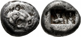 KINGS OF LYDIA. Kroisos, circa 560-546 BC. Siglos (Silver, 15 mm, 5.21 g), Sardes. Confronted foreparts of a lion and a bull. Rev. Two incuse squares,...