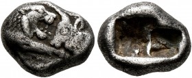 KINGS OF LYDIA. Kroisos, circa 560-546 BC. 1/6 Stater (Silver, 10 mm, 1.71 g), Sardes. Confronted foreparts of lion right and bull left. Rev. Two incu...