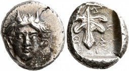 CARIA. Idyma. Late 5th-early 4th centuries BC. Drachm (Silver, 15 mm, 3.77 g, 1 h). Head of Pan facing. Rev. ΙΔYΜΙΟΝ Fig leaf; all within incuse squar...