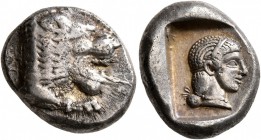 CARIA. Knidos. Circa 490-465 BC. Drachm (Silver, 17 mm, 6.11 g, 9 h). Forepart of a roaring lion to right. Rev. Head of Aphrodite to right, her hair f...