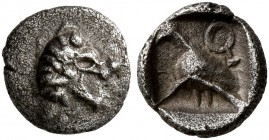 CARIA. Uncertain. 5th century BC. Tetartemorion (Silver, 6 mm, 0.19 g, 2 h). Head of a lion to right. Rev. Bird standing left; in fields, C -Ϙ (Karian...