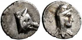 CARIA. Uncertain. Circa 400-340 BC. Hemiobol (Silver, 8 mm, 0.37 g, 1 h). Head of a boar to right. Rev. Head of Attis to right, wearing Phrygian cap. ...