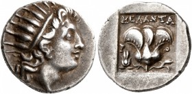 ISLANDS OFF CARIA, Rhodos. Rhodes. Circa 125-88 BC. Drachm (Silver, 16 mm, 3.17 g, 11 h), ‘Plinthophoric’ coinage, Melantas, magistrate. Radiate head ...