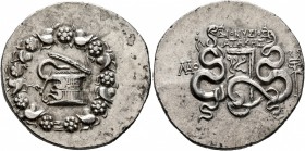 PHRYGIA. Laodikeia. Circa 133/88-67 BC. Cistophorus (Silver, 28 mm, 12.12 g, 12 h), Dionysios and Atakes, magistrates. Cista mystica from which snake ...