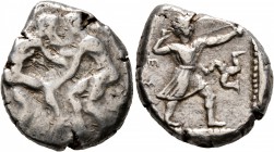 PAMPHYLIA. Aspendos. Circa 420-410 BC. Stater (Silver, 23 mm, 10.85 g, 1 h). Two nude wrestlers, standing and grappling with each other. Rev. ΕΣ[ΤEΕ] ...