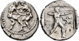 PAMPHYLIA. Aspendos. Circa 420-410 BC. Stater (Silver, 23 mm, 10.99 g, 7 h). Two nude wrestlers, standing and grappling with each other. Rev. ΕΣΤEΕ Sl...