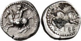 PAMPHYLIA. Aspendos. Circa 420-360 BC. Drachm (Silver, 19 mm, 5.41 g, 11 h). Warrior on horseback to left, holding reins in his left hand and brandish...