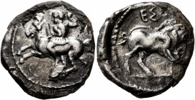 PAMPHYLIA. Aspendos. Circa 420-360 BC. Drachm (Silver, 19 mm, 5.38 g). Warrior on horseback to left, holding reins in his left hand and brandishing sp...