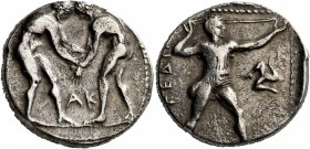 PAMPHYLIA. Aspendos. Circa 380/75-330/25 BC. Stater (Silver, 22 mm, 10.65 g, 12 h). Two nude wrestlers, standing and grappling with each other; betwee...