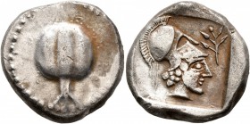 PAMPHYLIA. Side. Circa 430-400 BC. Stater (Silver, 22 mm, 10.75 g, 7 h). Pomegranate. Rev. Head of Athena to right, wearing crested Corinthian helmet;...