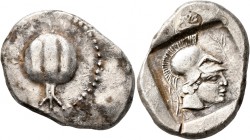 PAMPHYLIA. Side. Circa 430-400 BC. Stater (Silver, 27 mm, 10.62 g, 7 h). Pomegranate. Rev. Head of Athena to right, wearing crested Corinthian helmet;...