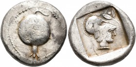 PAMPHYLIA. Side. Circa 430-400 BC. Stater (Silver, 23 mm, 10.77 g, 7 h). Pomegranate. Rev. Head of Athena to right, wearing crested Corinthian helmet;...