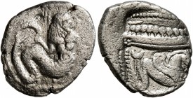 PHOENICIA. Arados. Circa 400-380 BC. 1/3 Stater (Silver, 17 mm, 2.75 g). Ba’al-Arwad right, holding a dolphin in each hand. Rev. Galley right; below, ...