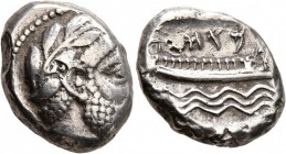 PHOENICIA. Arados. Circa 348/7-339/8 BC. Stater (Silver, 22 mm, 10.46 g, 2 h). Head of Ba'al-Arwad to right, wearing laurel wreath. Rev. Galley right ...