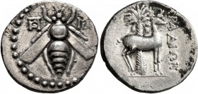 PHOENICIA. Arados. Circa 172/1-111/0 BC. Drachm (Silver, 18 mm, 3.93 g, 12 h), CY 89 = 171/0. Bee; to left, and right, monograms. Rev. APAΔIΩN Stag st...