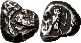 PHOENICIA. Tyre. Circa 393-358 BC. Shekel (Silver, 21 mm, 12.67 g, 5 h). Bearded male deity, holding reins and bow, riding hippocamp right above two l...
