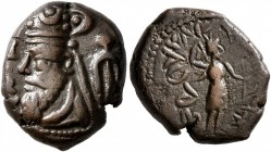 KINGS OF ELYMAIS. Phraates, early-mid 2nd century AD. Drachm (Bronze, 15 mm, 3.40 g, 1 h). Diademed bust of Phraates to left, wearing tiara with pelle...