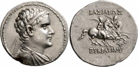 BAKTRIA, Greco-Baktrian Kingdom. Eukratides I , circa 170-145 BC. Tetradrachm (Silver, 34 mm, 16.85 g, 1 h), circa 170-162. Diademed and draped bust o...