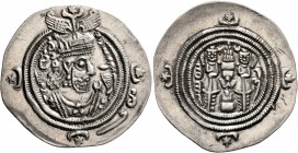 SASANIAN KINGS. Khosrau II, 591-628. Drachm (Silver, 31 mm, 4.08 g, 10 h), BYŠ mint (Bishapur), RY 27 = 617/8. Draped bust of Koshrau II to right, wea...