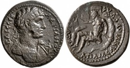 PHRYGIA. Apameia. Hadrian , 117-138. Hemiassarion (Bronze, 20 mm, 5.01 g, 7 h). AΔPIANOC KAI CЄB Laureate and cuirassed bust of Hadrian to right, wear...