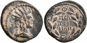 PHRYGIA. Peltae. Pseudo-autonomous issue . Hemiassarion (Bronze, 15 mm, 2.55 g, 12 h), time of the Antonines, 138-192. Radiate head of Helios to right...