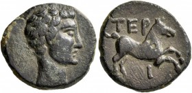 LYCIA. Termessus Minor. Tiberius (?) , 14-37. Hemiassarion (Bronze, 18 mm, 3.67 g, 11 h). Bare head of Tiberius (?) to right. Rev. TEP - [O]I Horse ga...