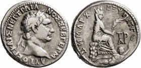 CILICIA. Tarsus. Trajan , 98-117. Tetradrachm (Silver, 27 mm, 14.50 g, 6 h), 100. ΑΥΤΟΚΡ•ΚΑΙΣ ΝΕΡ ΤΡΑΙΑΝΟΣ•ΣΕΒ ΓΕΡM Laureate head of Trajan to right. ...