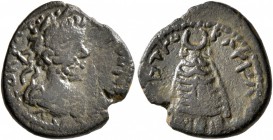 MESOPOTAMIA. Carrhae. Septimius Severus , 193-211. 1/3 Assarion (?) (Bronze, 15 mm, 2.02 g, 12 h). AYTOKPAT [...] Laureate, draped and cuirassed bust ...