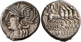 M. Baebius Q.f. Tampilus, 137 BC. Denarius (Silver, 17 mm, 4.00 g, 12 h), Rome. TAMPIL Helmeted head of Roma to left; before, X. Rev. ROMA / M•BAEBI•Q...