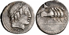 Anonymous, 86 BC. Denarius (Silver, 20 mm, 4.00 g, 3 h), Rome. Laureate head of Apollo to right; below neck truncation, thunderbolt. Rev. Jupiter in f...