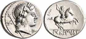 Pub. Crepusius, 82 BC. Denarius (Silver, 17 mm, 3.94 g, 6 h), Rome. Laureate head of Apollo to right with scepter behind and winged thunderbolt before...