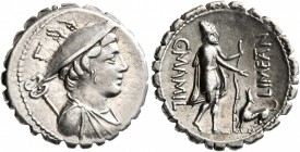 C. Mamilius Limetanus, 82 BC. Denarius (Silver, 18 mm, 3.83 g, 9 h), Rome. Draped bust of Mercury to right, wearing winged petasos and with caduceus o...