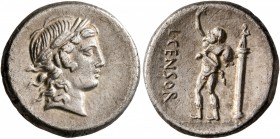 L. Censorinus, 82 BC. Denarius (Silver, 17 mm, 4.18 g, 1 h), Rome. Laureate head of Apollo to right. Rev. L•CENSOR Marsyas, bald-headed, advancing lef...