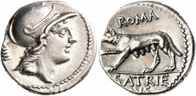 P. Satrienus, 77 BC. Denarius (Silver, 16 mm, 3.86 g, 5 h), Rome. Helmeted head of Roma to right; behind, IIII. Rev. ROMA / [P•]SATRIE/NVS She-wolf ad...