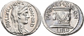 L. Aemilius Lepidus Paullus and L. Scribonius Libo, 62 BC. Denarius (Silver, 21 mm, 3.96 g, 6 h), Rome. PAVLLVS LEPIDVS CONCORD Diademed and veiled he...