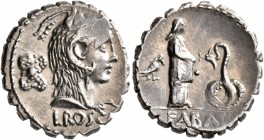 L. Roscius Fabatus, 59 BC. Denarius (Silver, 19 mm, 3.93 g, 6 h), Rome. L•ROSCI Head of Juno Sospita to right, wearing goat-skin headdress; behind, ae...
