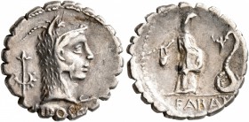 L. Roscius Fabatus, 59 BC. Denarius (Silver, 18 mm, 3.77 g, 7 h), Rome. L•ROSCI Head of Juno Sospita to right, wearing goat-skin headdress; behind, th...