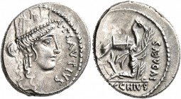 A. Plautius, 55 BC. Denarius (Silver, 19 mm, 4.08 g, 6 h), Rome. A•PLAVTIVS [AED•CVR•S•C] Turreted head of Cybele to right. Rev. IVDAEVS / BACCHIVS Ma...