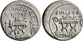 Q. Pompeius Rufus, 54 BC. Denarius (Silver, 17 mm, 3.53 g, 1 h), Rome. Q•POMPEI•Q•F / RVFVS Curule chair between arrow and laurel branch; below, COS o...