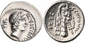 Q. Sicinius and C. Coponius, 49 BC. Denarius (Silver, 18 mm, 3.69 g, 3 h), military mint moving with Pompey in the East. Q•SICINIVS - III•VIR Diademed...