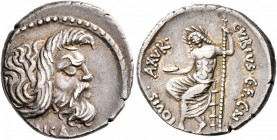 C. Vibius C.f. C.n. Pansa Caetronianus, 48 BC. Denarius (Silver, 23 mm, 3.65 g, 8 h), Rome. Mask of bearded Pan to right. Rev. C•VIBIVS•C•F•C•N IOVIS•...