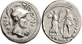Cnaeus Pompey Jr, † 45 BC. Denarius (Silver, 20 mm, 3.74 g, 5 h), with Marcus Poblicius, legatus pro praetore, Corduba, summer 46-spring 45. M•POBLICI...