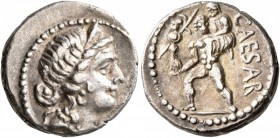 Julius Caesar, 49-44 BC. Denarius (Silver, 17 mm, 3.85 g, 6 h), military mint moving with Caesar in Africa, 48-47. Diademed head of Venus to right. Re...