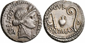 Julius Caesar, 49-44 BC. Denarius (Silver, 17 mm, 3.88 g, 1 h), military mint in Sicily (?), 46. COS•TERT DICT•ITER Head of Ceres to right, wearing wr...