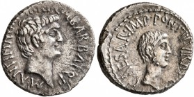 Mark Antony and Octavian. Denarius (Silver, 19 mm, 3.54 g, 2 h), Mark Antony with Octavian and M. Barbatius, mint moving with Mark Antony, 41 BC. M•AN...