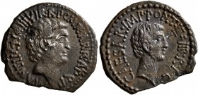 Mark Antony and Octavian. Denarius (Silver, 20 mm, 3.26 g, 1 h), Mark Antony with Octavian and M. Barbatius, mint moving with Mark Antony, 41 BC. M•AN...